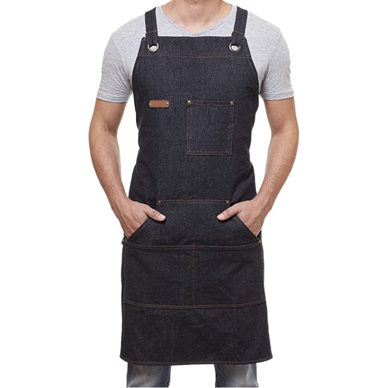 Comercio exterior de mezclilla delantal logotipo personalizado parrilla cafetería jardinería peluquero cocina guardapolvos delantal al por mayor