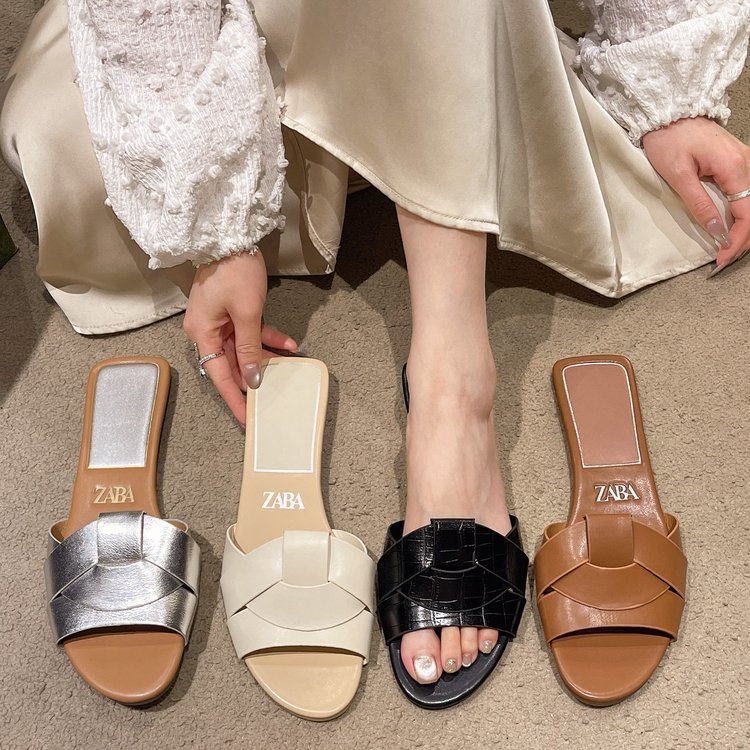 外贸大码平底潮流一字型拖鞋女2025新款跨境交叉纯色时尚slippers|undefined
