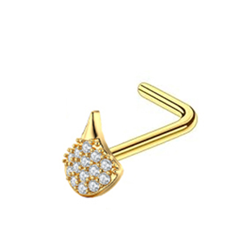 Stainless Steel Nose Stud With Zircon Stone L-shaped Piercing_voghion.com