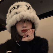兔毛针织毛绒帽女秋冬季毛茸茸虎头醒狮渔夫帽保暖显脸小毛线帽子