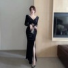 Velvet retro evening dress with buttocks wrapped and lace hollowed out spicy girl high slit long skirt