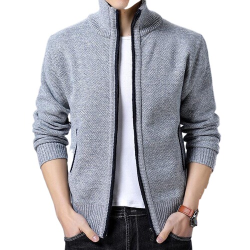 Outdoor Winter Men's Sweater Coat, Thickened Fleece-Lined, Loose-Fitting Knitwear, Men's Casual Zip-Up Knitted Top