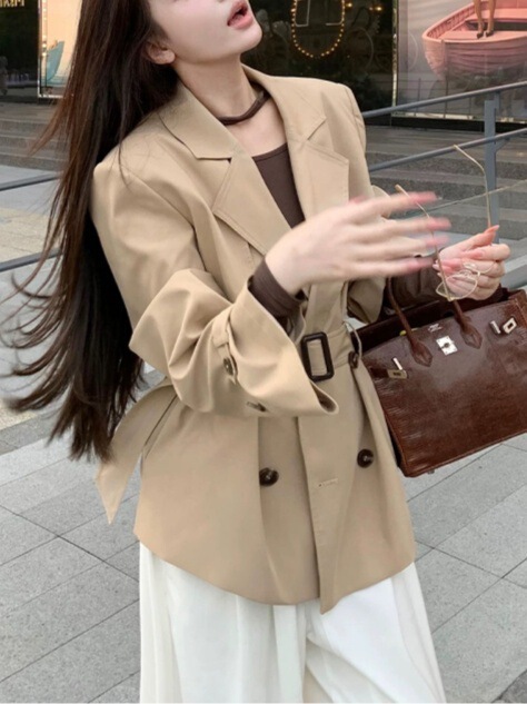 翻领双排扣风衣女秋季新款高级感宽松中长款垫肩廓形外套|undefined