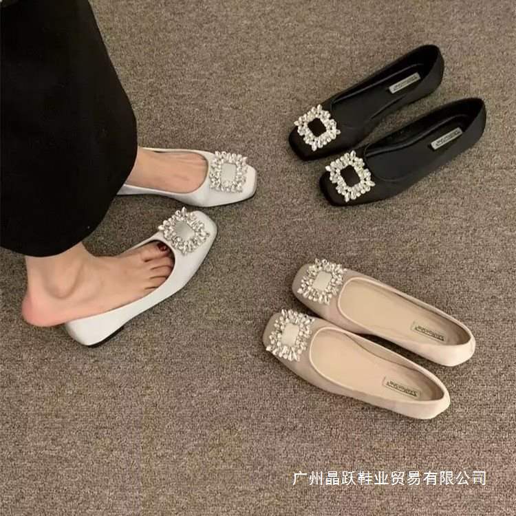 Square Buckle Scoop Shoes for Women, Versatile Flats for Work Clothing, French Rhinestone Shallow Flats Shoes, 2025 New Spring & Fall Slip-Ons