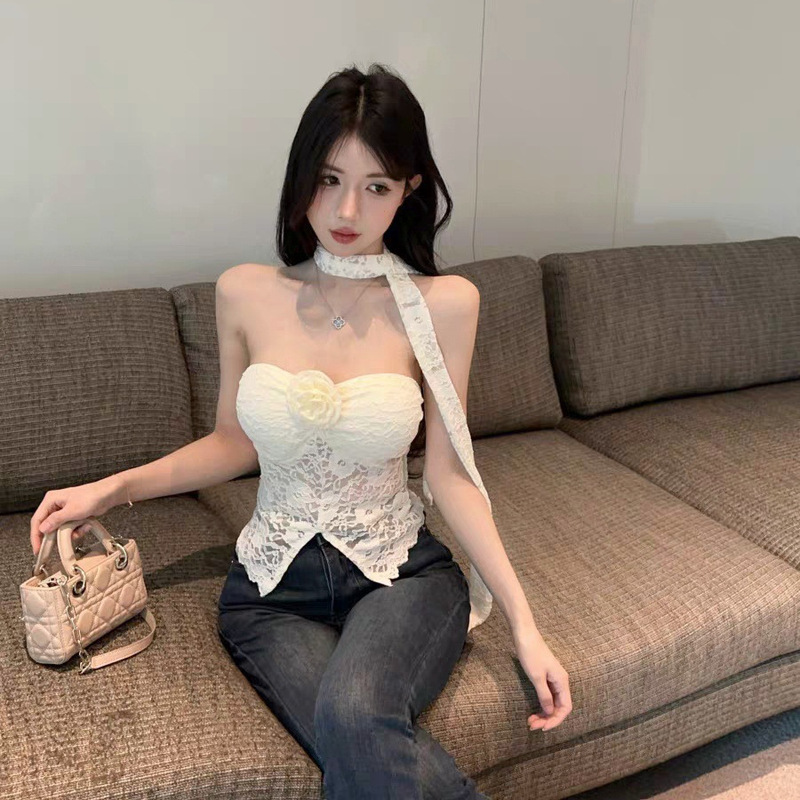 2942 # Early Spring New Style Pure Desire Style Lace Neck Scarf Rose Flower Tube Top Slim Fit Fixed Strap Padded Top 2942 # Early Spring New Style Pure Desire Style Lace Neck Scarf Rose Flower Tube Top Slim Fit Fixed Strap Padded Top