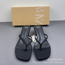 ZA2023年夏季新款女鞋黑色带饰夹脚高跟鞋方头人字夹趾外穿凉鞋女