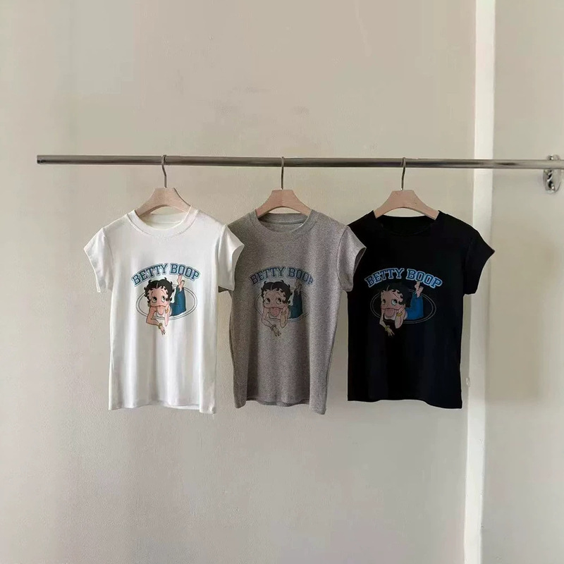 In stock, vintage round-neck cartoon Betty print short-sleeve T-shirt for women, spring/summer, soft and skin-friendly, slim-fit, short top