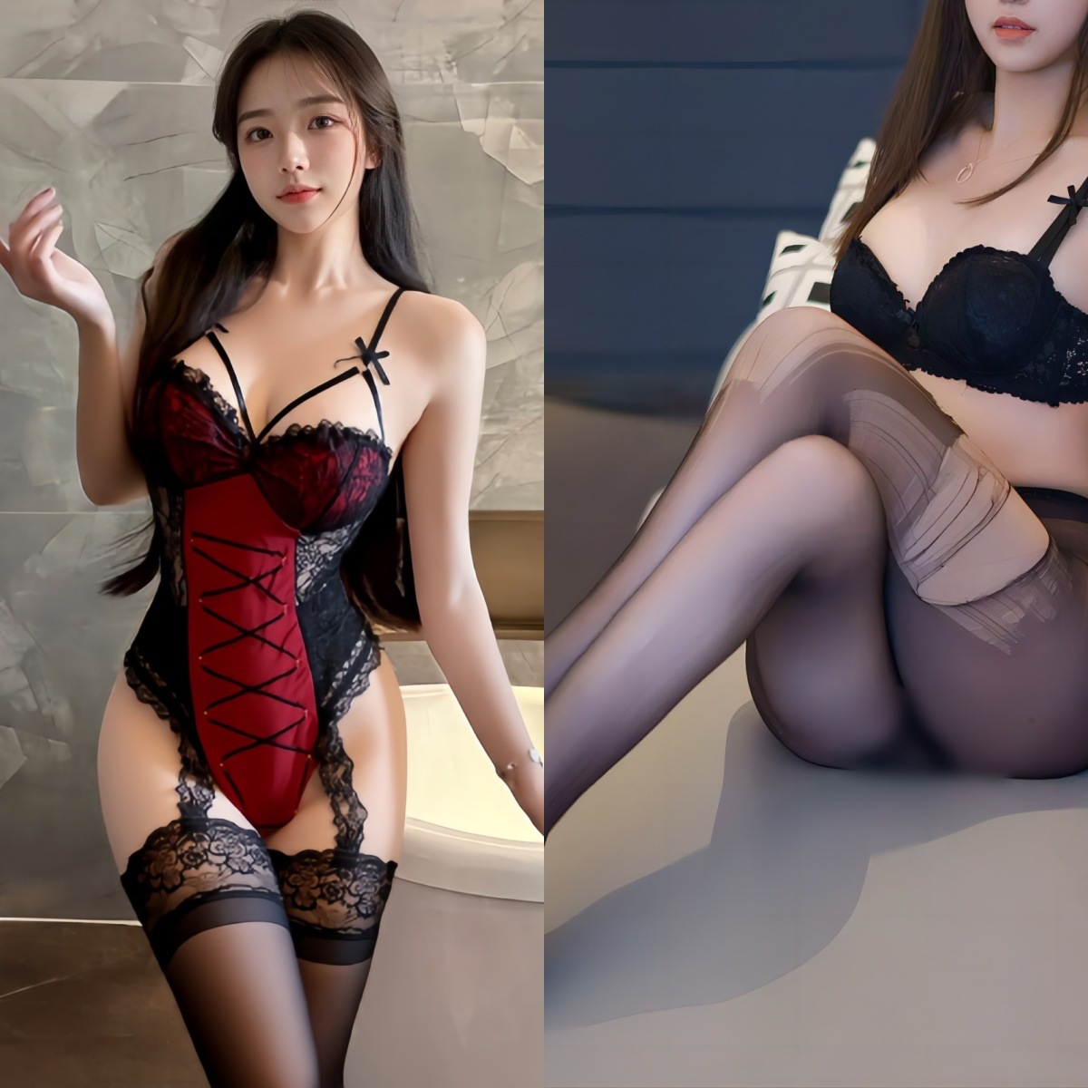 점프수트 + 검은색 손으로 찢은 양말