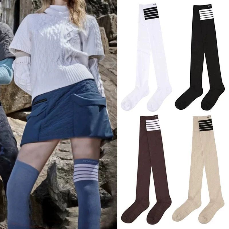 25 Original Single Golf Socks for Women, Outdoor Sports, Thickeneded and Warm Over-The-Knee Socks, Word Mark Crossbar Over-The-Knee Socks