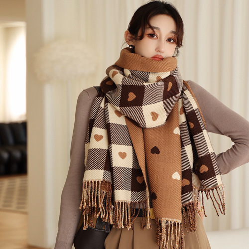 Tassel checkerboard warm love plaid imitation cashmere scarf for women winter Korean version core-spun yarn shawl scarf