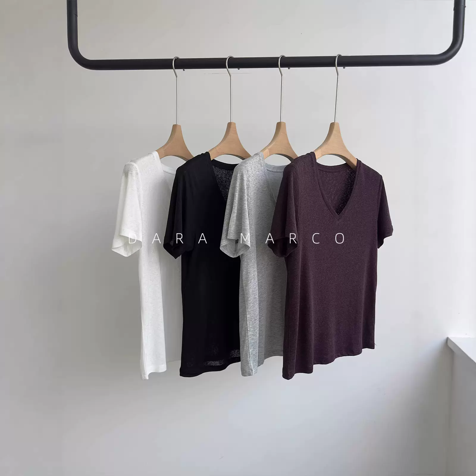 夏季薄款莱赛尔亚麻混纺短袖女松弛清透V领鸡心领宽松显瘦简约T恤