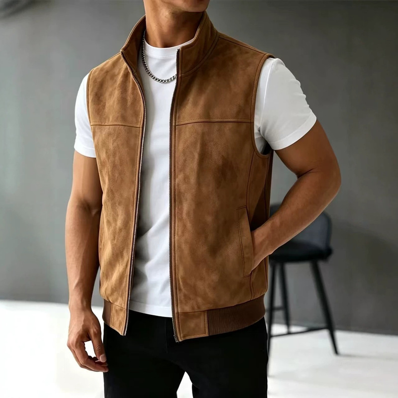 Men's suede stand-up collar vest, spring and autumn full-zip sleeveless casual workwear outerwear, men's jacket