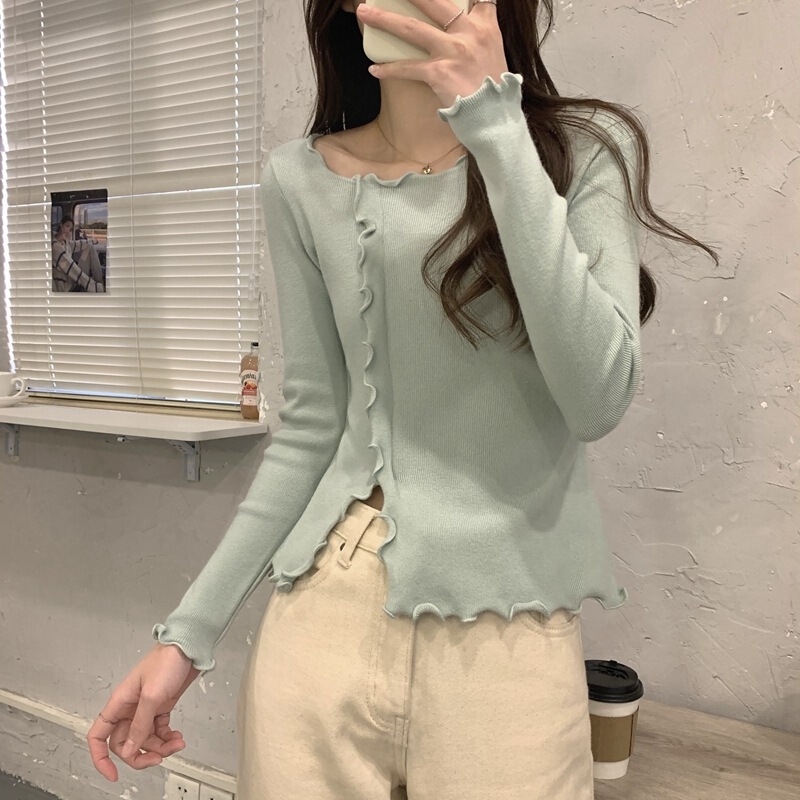 纯欲辣妹长袖上衣打底衫不规则开叉木耳边针织衫女早秋季修身打底|undefined