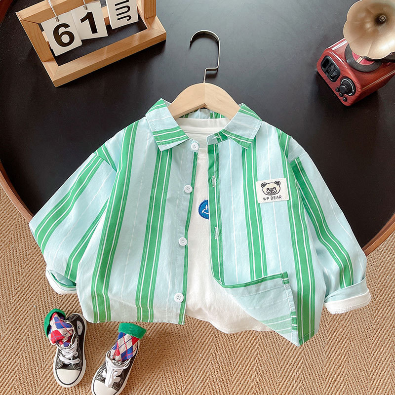 2025 otoño nueva ropa infantil para niños coreanos dibujos animados oso letras camisa chico guapo camisa a rayas abrigo