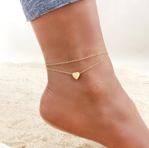 AliExpress Cross-border Fashion Simple Trend Alloy Leaf Ankle Chain Heart Double Layer Blue Eye Star Ankle Chain