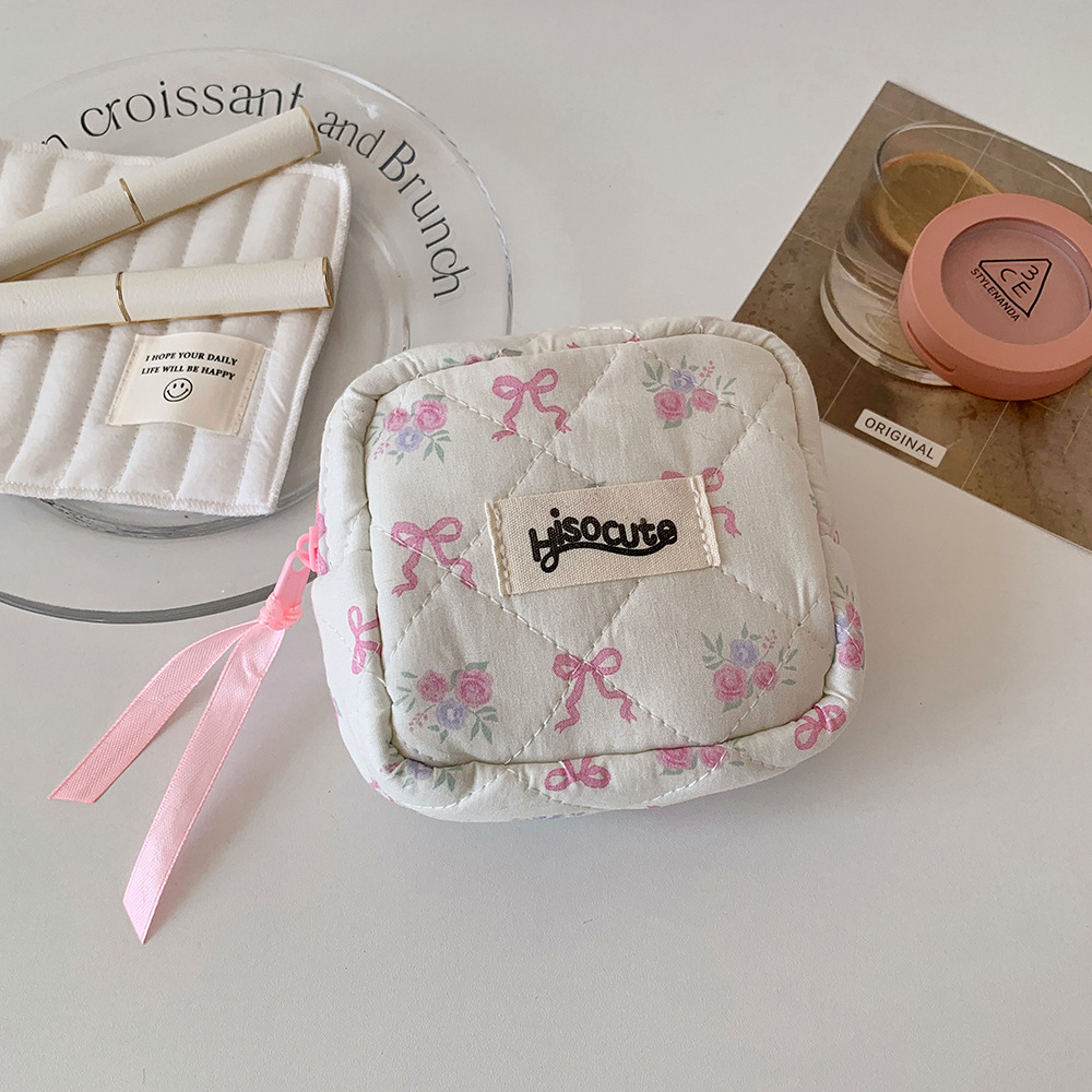 Square Shape Cute Bow Knot Cotton Polyester Square Makeup Bags