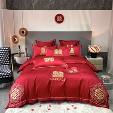 婚庆四件套100支磨毛刺绣多件套中式大红色被套床单婚房床上用品