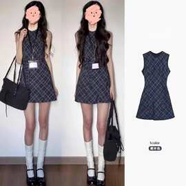 跨境韩系复古格纹无袖连衣裙女2026夏新款收腰A字短裙显瘦少女风