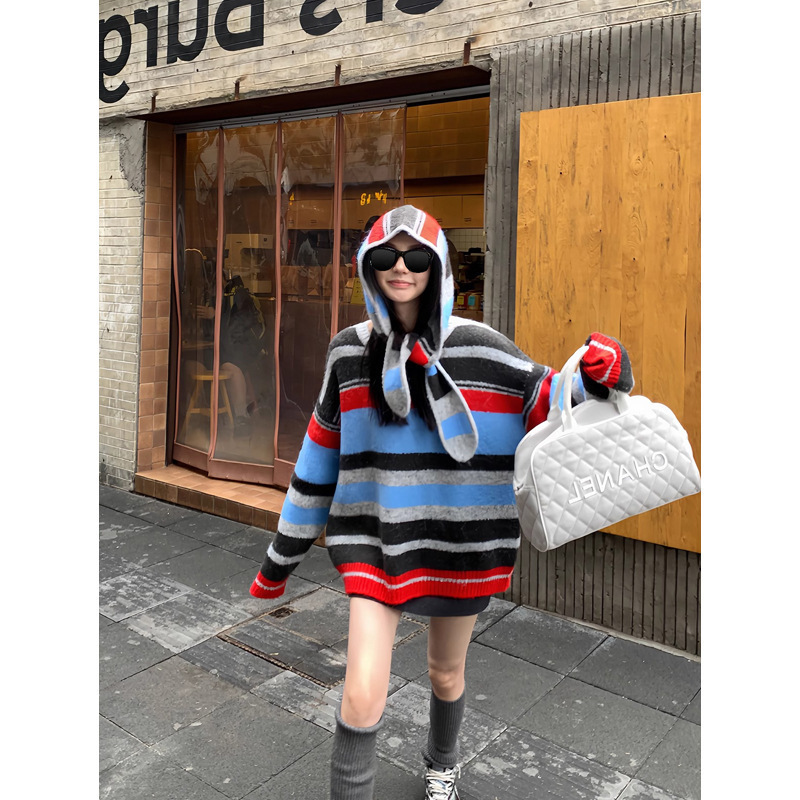 Ouyang Detachable Hooded Striped Sweater for Women, Winter Loose Casual Style Knitwear, Vintage Round Neck Top