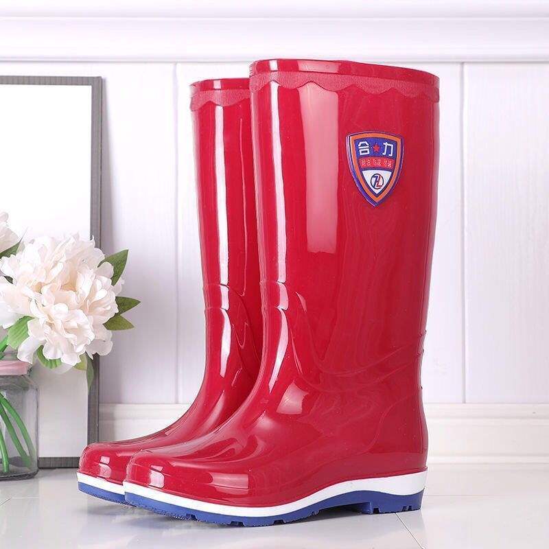 Botas de lluvia de gelatina de tubo alto, botas de lluvia de caramelo de tubo largo antideslizantes para mujer, zapatos de goma de agua, botas de agua de cuatro estaciones para mujer, zapatos de agua para adultos para mujer