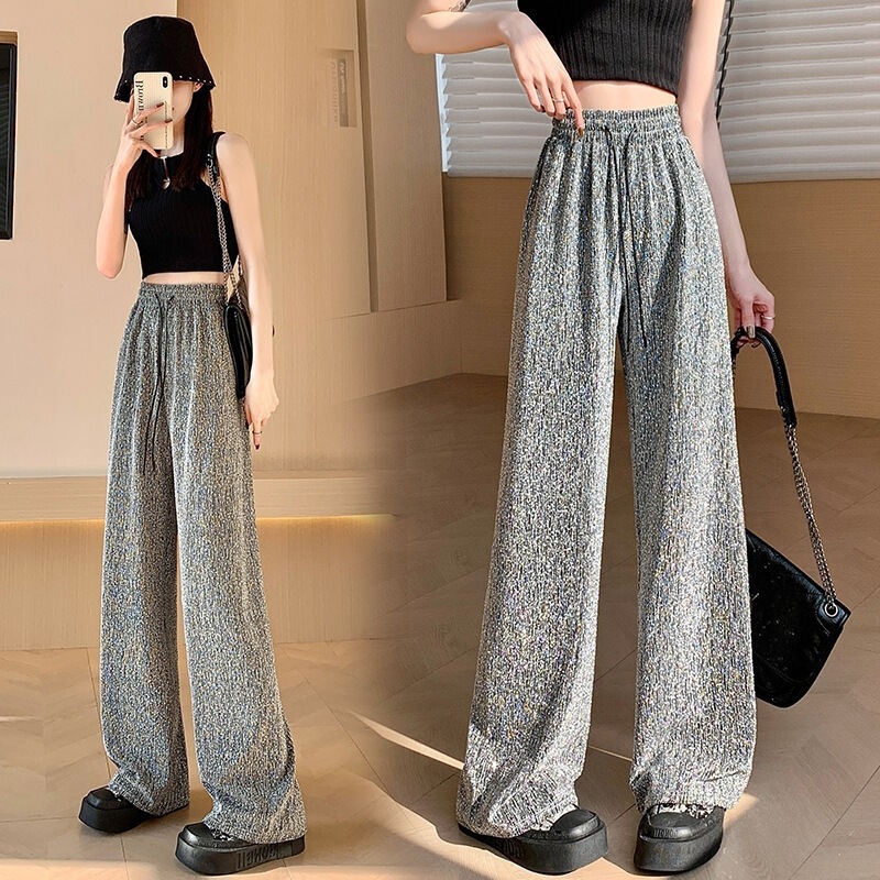 Ice Silk Rhinestone Wide-Leg Pants for Women, Summer Thin Style 2026 New Model, Sequined Drapey Loose Narrow Straight-Leg Cool Pants