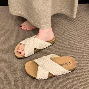 Cross Strap Knitted Slippers for Women 2025 Summer Outer Wear New Retro Lazy Shoes Beach Vacation Style Sandals