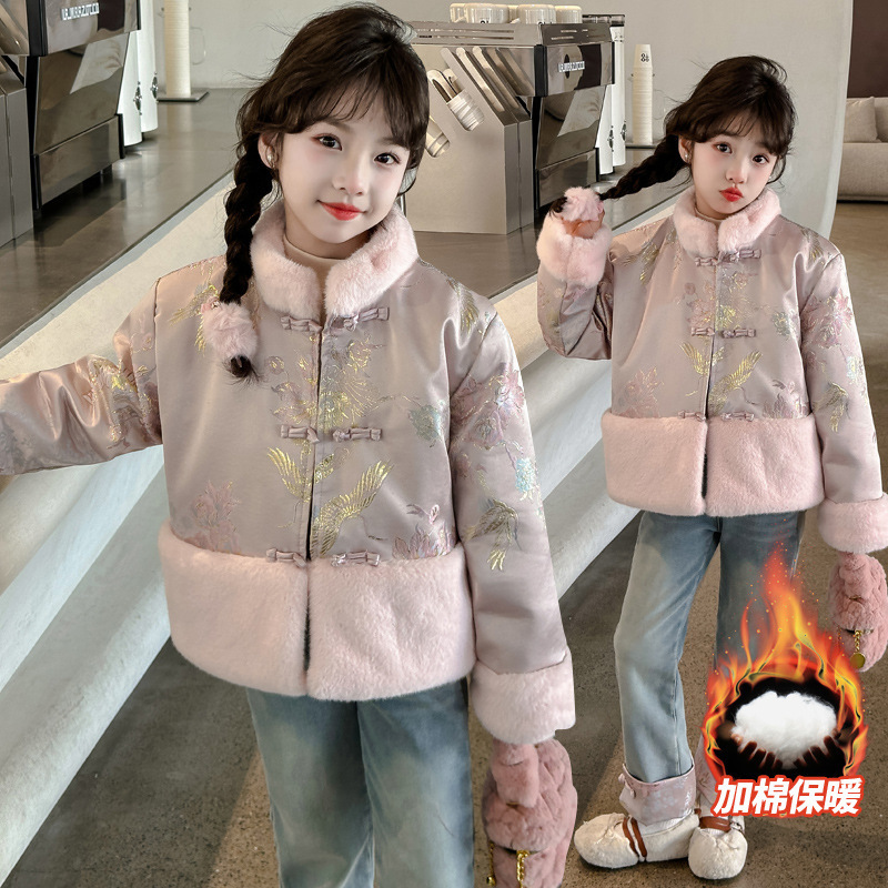 2023冬季女童新中式羽绒棉服女宝中国风复古重工刺绣唐装夹棉外套