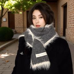 含羊毛拼色针织围巾女秋冬季氛围感韩版时尚学生冬天保暖毛线围脖