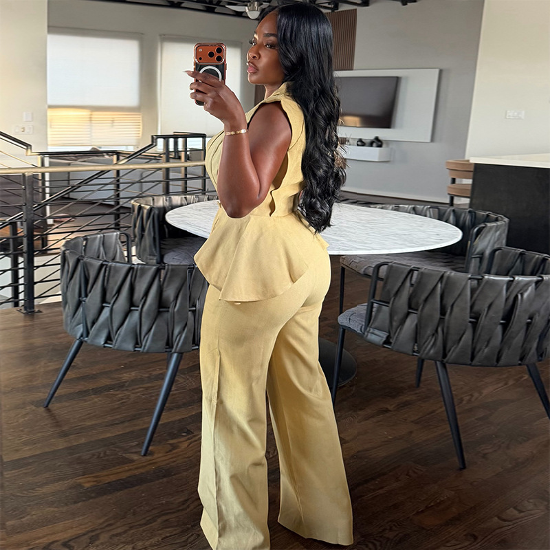 Women's Summer Fashion V Neck Button Up Ruffled Wide Leg Pants Set Solid Color American Style_ecoleips.com