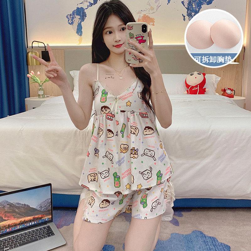 2024 verano nuevo pijama mujer tejido nubes de algodón cinturón cojín de pecho cabina niña dulce y fresco conjunto de ropa para el hogar