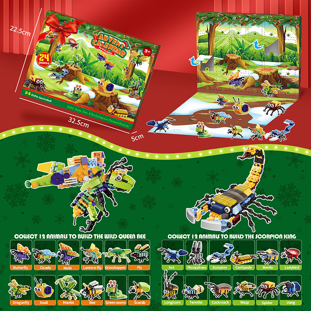 Cruz-frontera insecto montaje bloques de construcción caja ciega Navidad cuenta regresiva mano lágrima calendario niños DIY Navidad regalo Juguetes