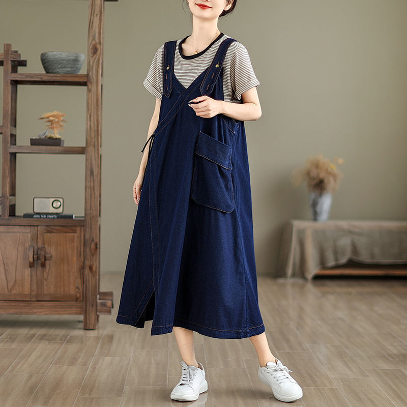 Vintage Hong Kong Style Denim Overalls for Women, Summer Loose Age-Reducing Mid-Length Personality Large Pocket Suspender Dress Trendy Vintage Hong Kong Style Denim Overalls for Women, Summer Loose Age-Reducing Mid-Length Personality Large Pocket Suspender Dress Trendy