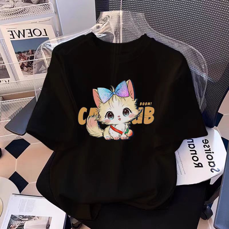 White Cat Summer Short-Sleeved T-Shirt for Men and Women 2025 New Pure Cotton Loose Large Size T-Shirt Top
