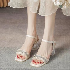 2025 新しい夏の多用途ラインストーンサンダル女性の妖精スタイルスカート付き厚いヒールフレンチストラップハイヒール