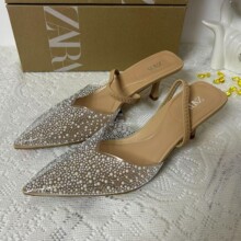 ZA 2025新款高跟鞋尖头浅口珍珠颗粒拼接PVC后绑带露跟时装凉鞋女