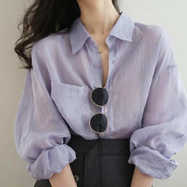 淡紫色天丝棉麻透气防晒衬衫外套女2024春夏季新款设计感宽松衬衣
