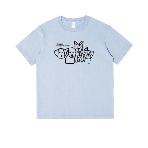 Commuting Line Small Dog Short Sleeve Versatile T-Shirt for Men and Women, Couple Summer Print Fashion Loose Round Neck Top, Ins Style White