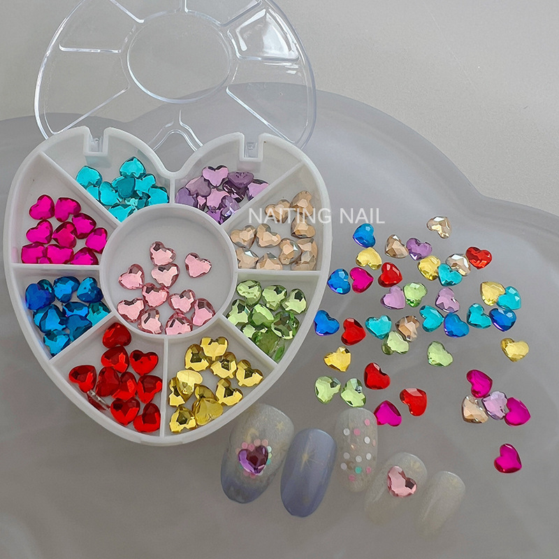 Japanese-Style Girly Rainbow Fingertip Sparkling Heart Diamond Colorful Small Heart Flat Peach Heart Nail Diamond Multicolor 9 Colors