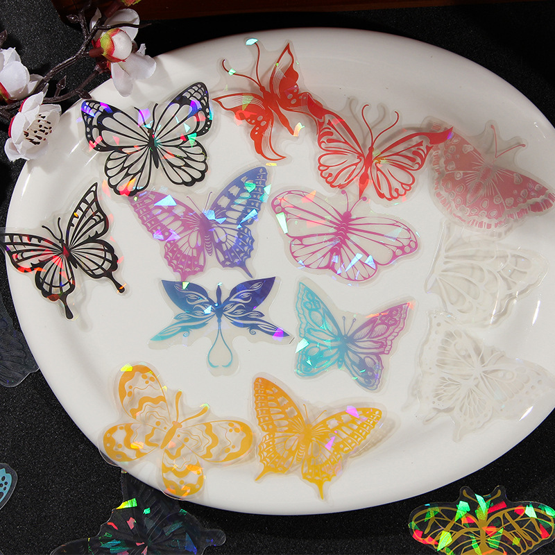 Fluir lluvia mariposa sueño láser transparente pegatinas de mascotas impermeables bolsas DIY cuaderno diario material decorativo pegatinas mariposa hueco