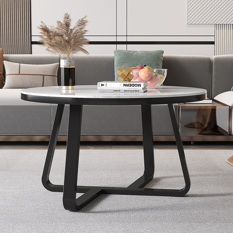 Mesa de centro de losa de roca de lujo ligero, mesa de centro de apartamento pequeño redonda simple moderna, sala de estar, hogar, red de doble capa, rojo nórdico