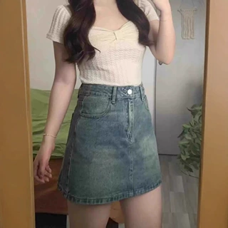 复古蓝牛仔短裙女夏季高腰大码显瘦胖mm梨形身材遮肚子a字半身