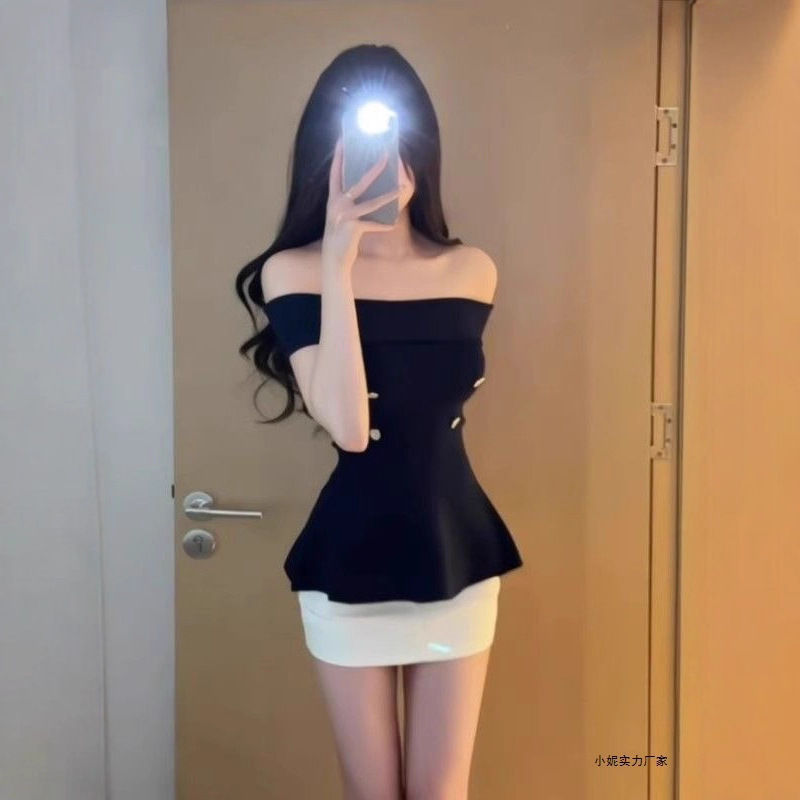 纯欲辣妹套装女2025夏季新款收腰显瘦一字肩短袖上衣半身裙两件套|undefined