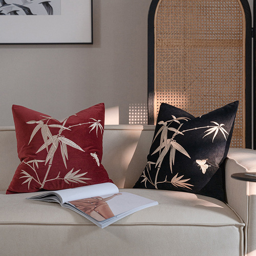 New Chinese Style Velveteen Embroidered Bamboo Living Room Sofa Pillow Cover Cushion Throw Pillow Vintage Home Decor Pillow