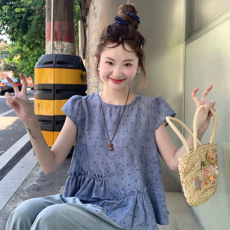 2025爱心印花压皱花边短袖衬衣女夏季气质休闲小衫不规则拼接上衣|undefined