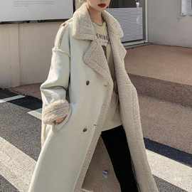 2024冬装新款感中长款麂皮白色皮毛一体羊羔毛加厚外套大衣女批发