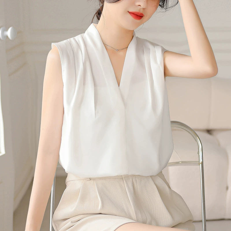 Шелковый топ без рукавов во французском стиле для женщин, летняя верхняя одежда, стильный базовый слой с V-образным вырезом, модная футболка-жилет из шелка.