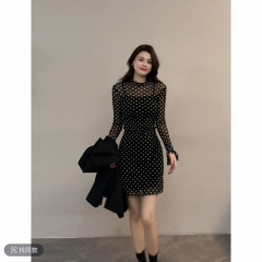大婷婷长袖圆领修身波点连衣裙时尚显瘦气质初秋新款裙子