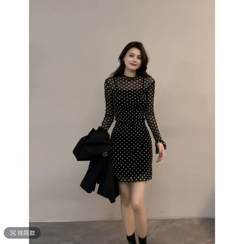 大婷婷长袖圆领修身波点连衣裙时尚显瘦气质初秋新款裙子|undefined