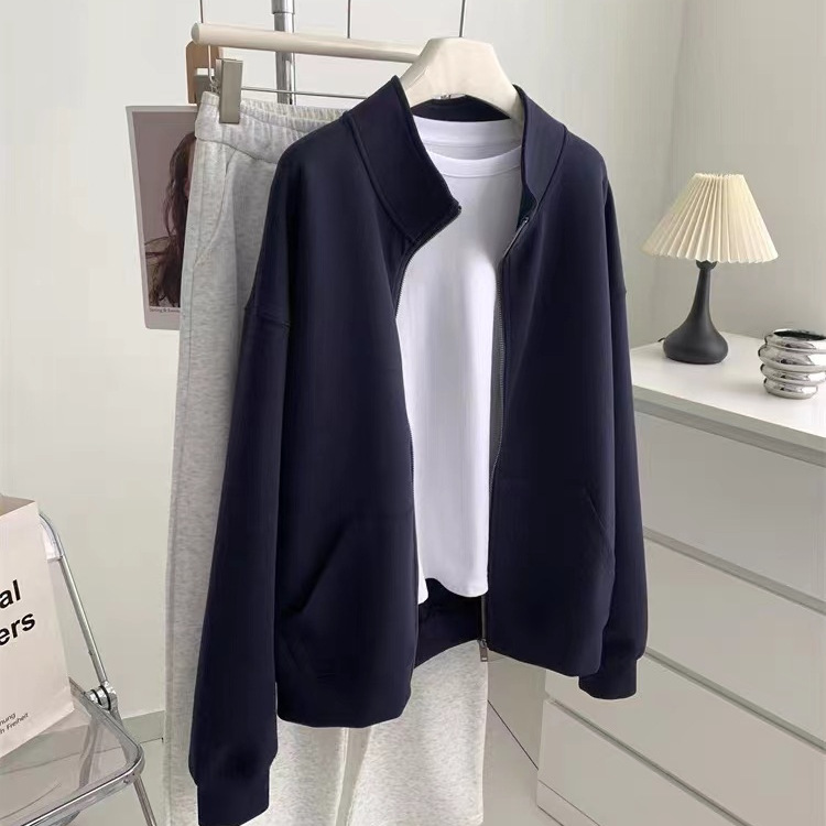 White Age-reducing navy blue Collar Jacket Women's Loose Korean Style Air Layer Spring and Autumn Elegant All-match Zipper Sweatshirt