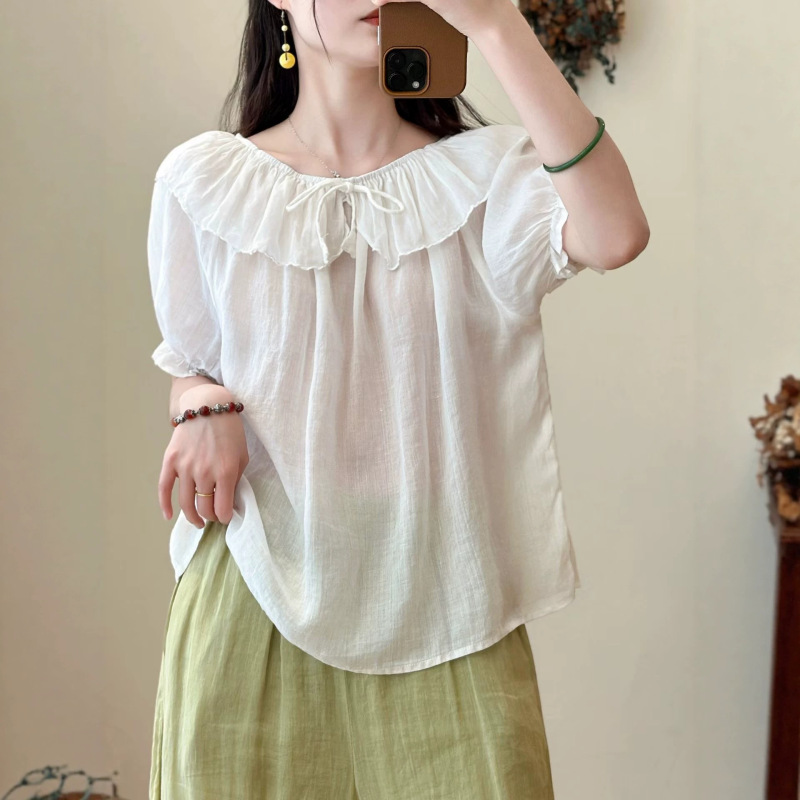 Solid Color French Retro Age-Reducing Ruffled Shirt for Women 2026 New Style Loose Ramie Short-Sleeve Blouse in Korean Style